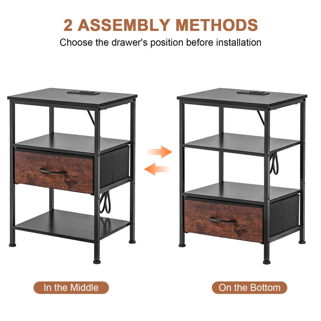 Bedside Table with USB-C Port and Adjustable Drawers - Black Brown
