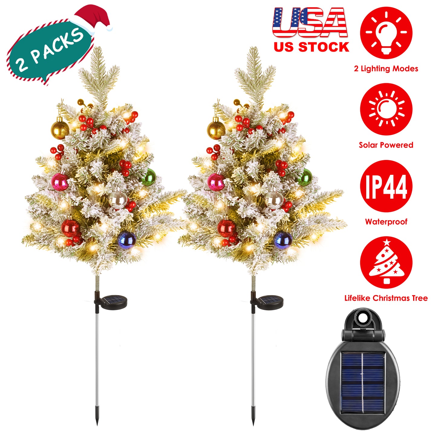 Solar Powered Lighted Christmas Tree Urn Filler with Berries & Decor Balls