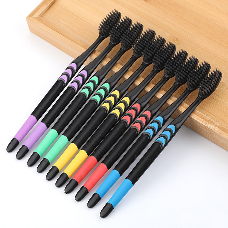 10-Piece Bamboo Charcoal Toothbrush Set - Soft Bristle, Household Oral Care