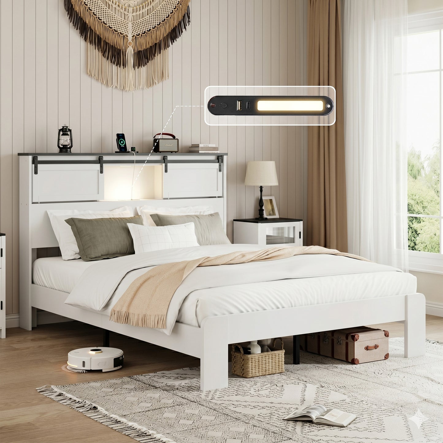 Queen Metal Platform Bed Frame with USB Charging Station - White