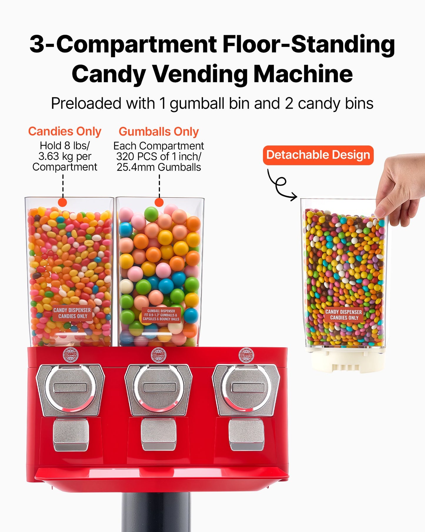 Vevor Candy Vending Machine with Stand & Locking Lid - Triple Compartment, Vintage Style, No Electricity