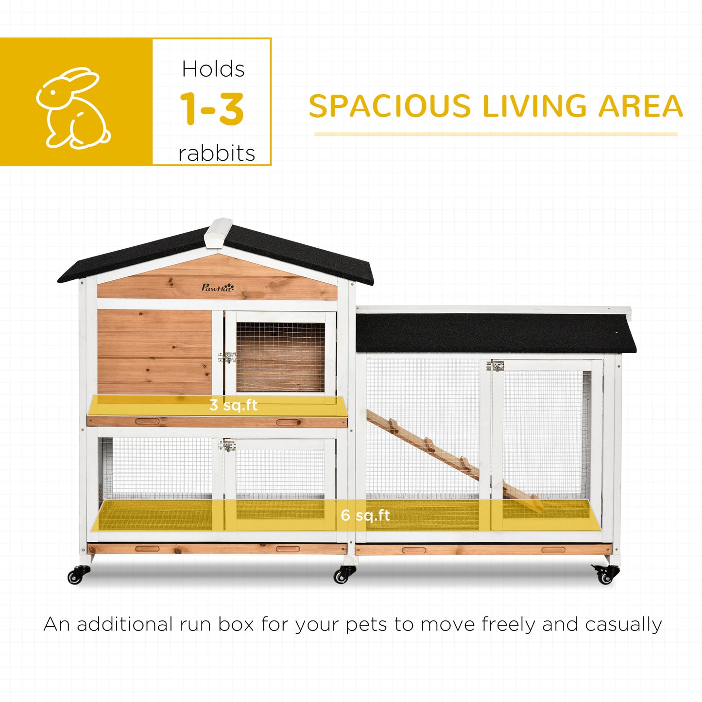 Wooden Rabbit Hutch with Wheels and Run Box, Slide-Out Tray, Ramp, Yellow