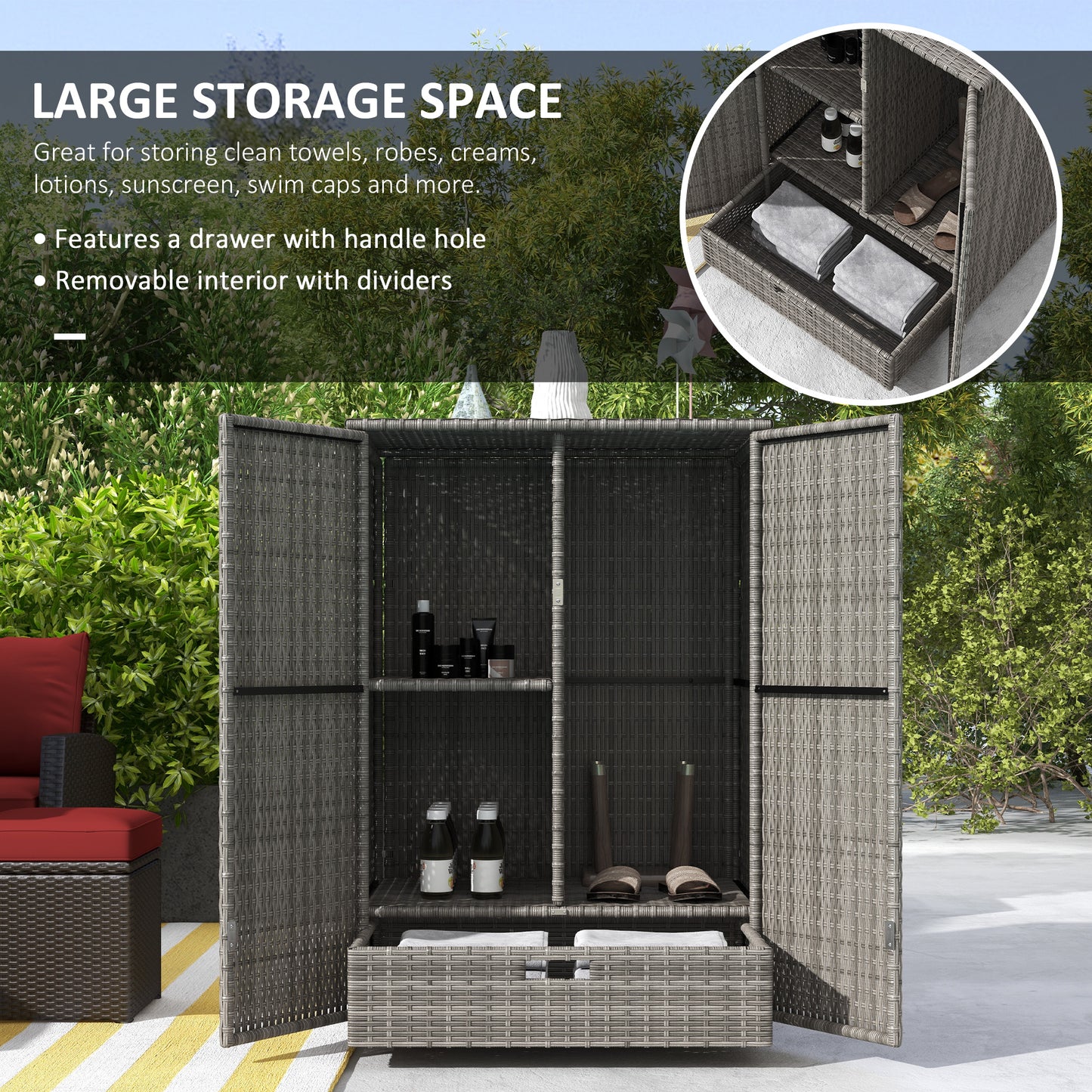 Outdoor Rattan Storage Cabinet with Drawer - Dark Gray