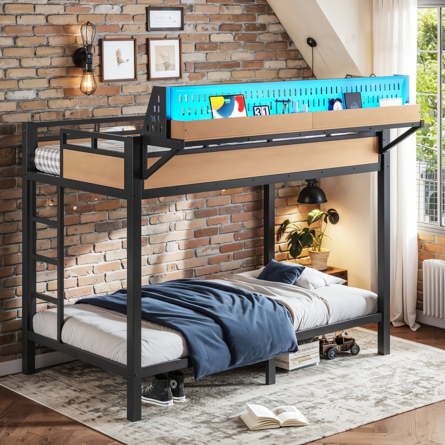 Twin XL Metal Bunk Bed with USB Ports & LED Lights - Natural