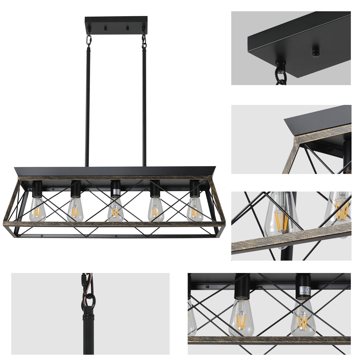 Black Gold Industrial Pendant Light Fixture 32in Modern Metal Cage Chandelier
