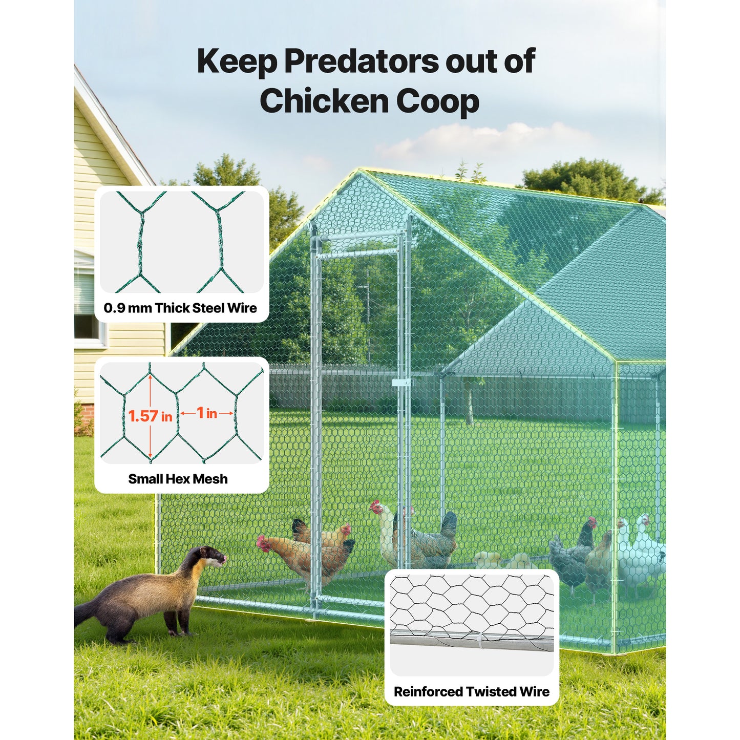 Large Metal Chicken Coop with Waterproof Cover & Lock - Backyard Poultry Enclosure