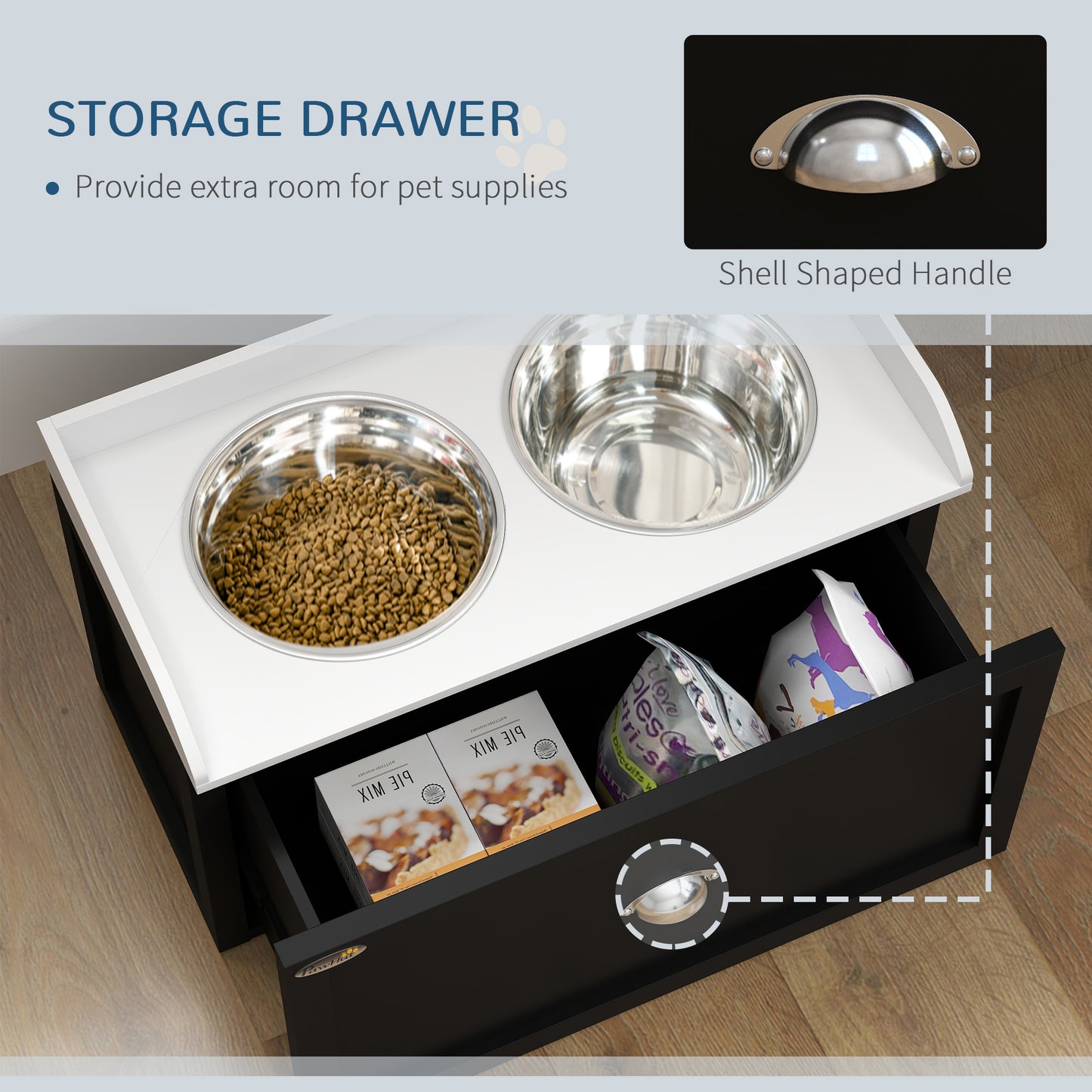 Elevated Dog Food Station with Storage - Large Pet Bowls Set, White & Black