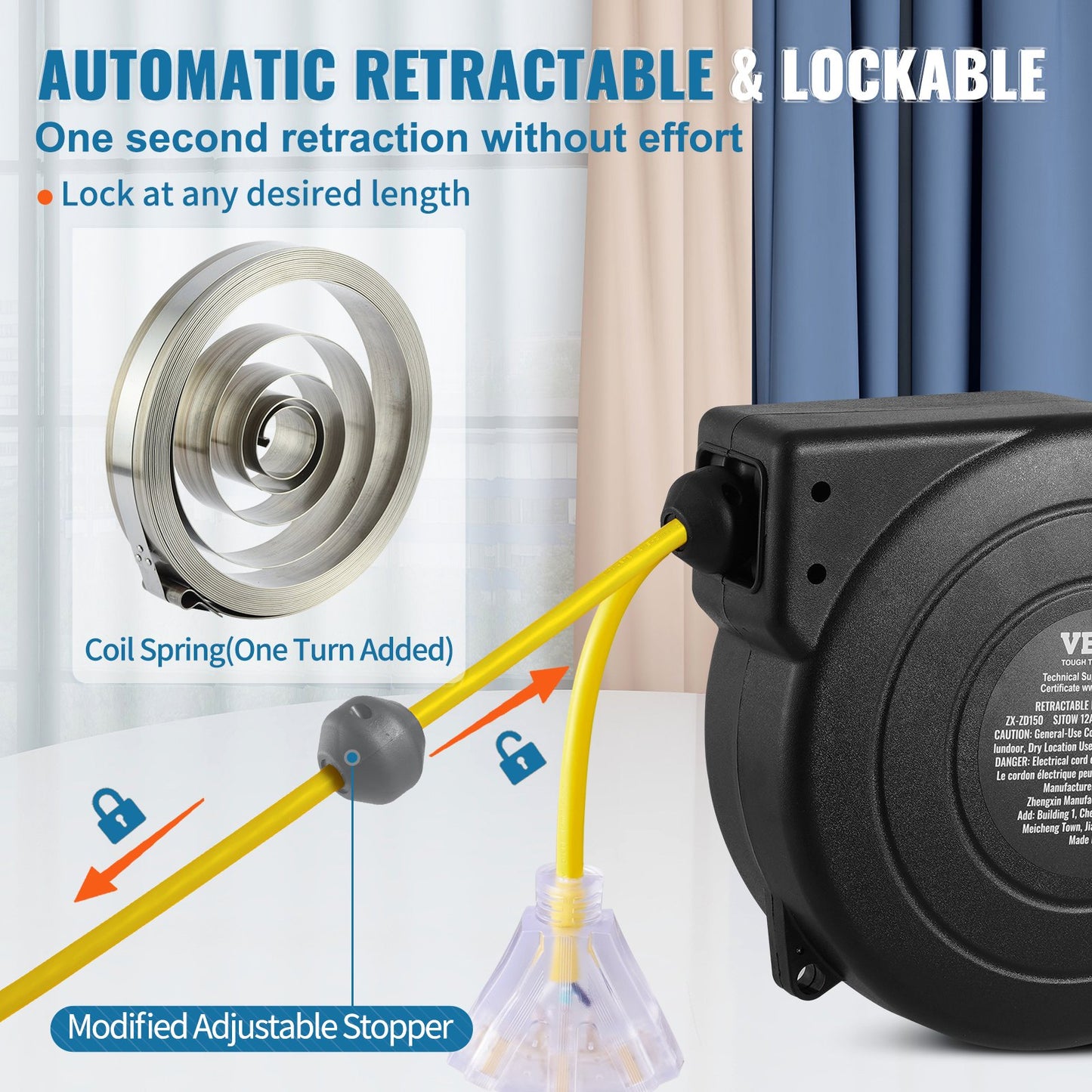 45FT Heavy Duty Retractable Extension Cord Reel with Lighted 3-Outlet Socket - Water & Oil Resistant