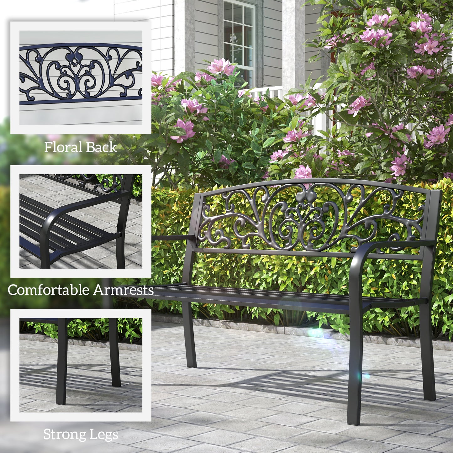 50" Floral Design Garden Patio Bench - Comfortable Black Steel