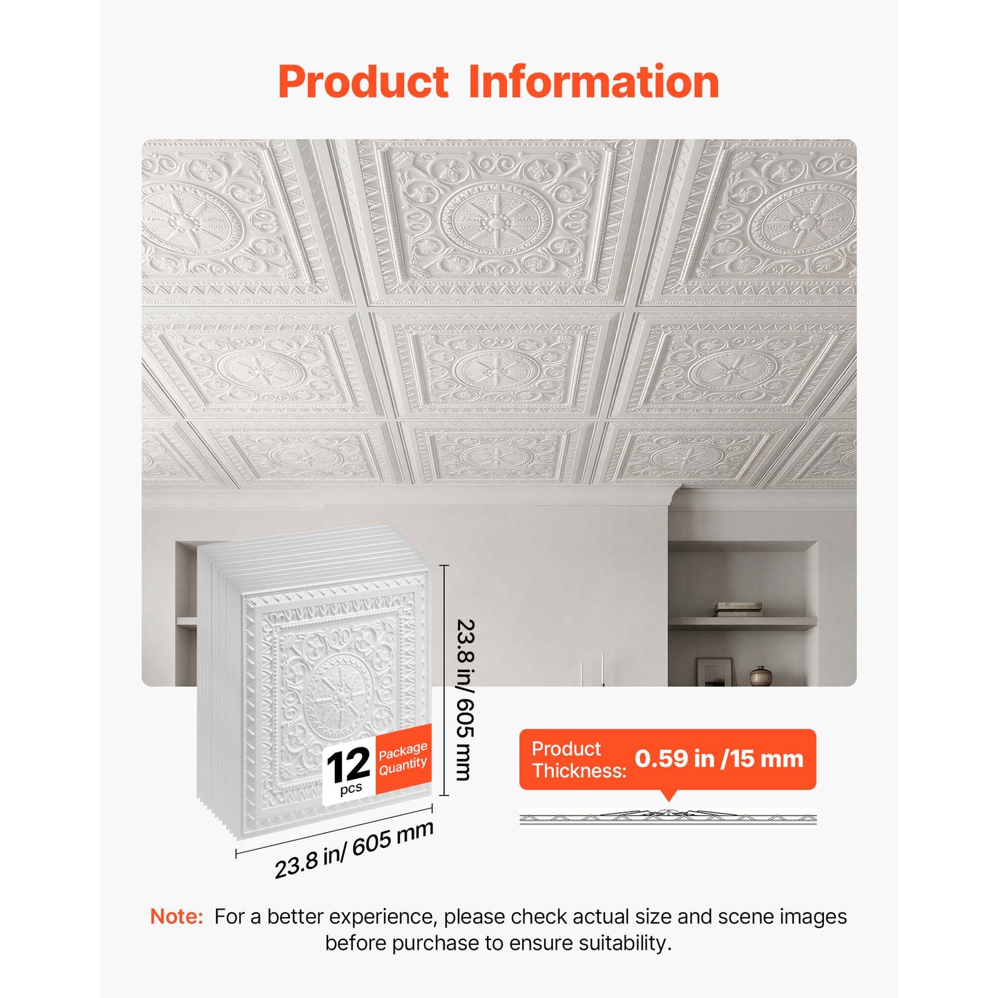 24x24 Inch PVC Ceiling Tiles 12-Pack White Geometric Wall Panels - Easy to Install and Paintable