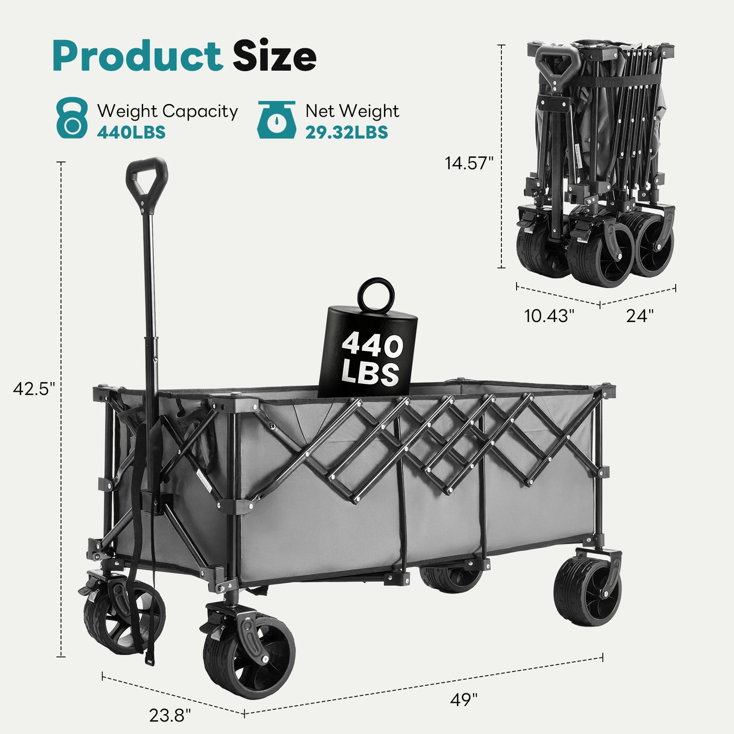 Folding Wagon Cart - 300L Capacity, 440lb Load, All-Terrain Wheels