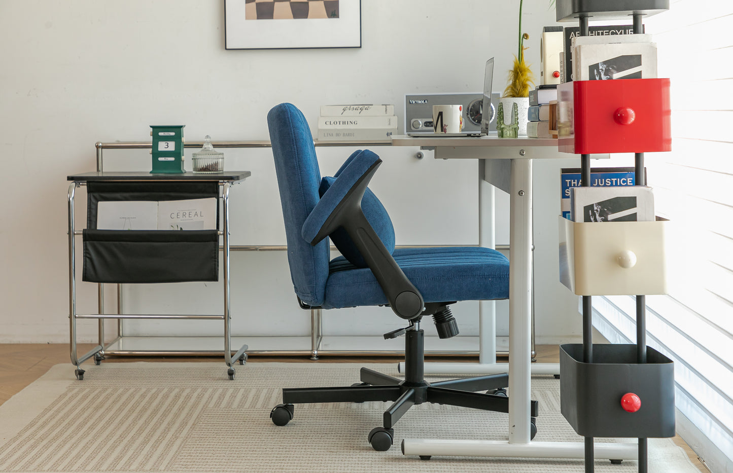 Blue Modern Linen Criss Cross Armrest Office Chair