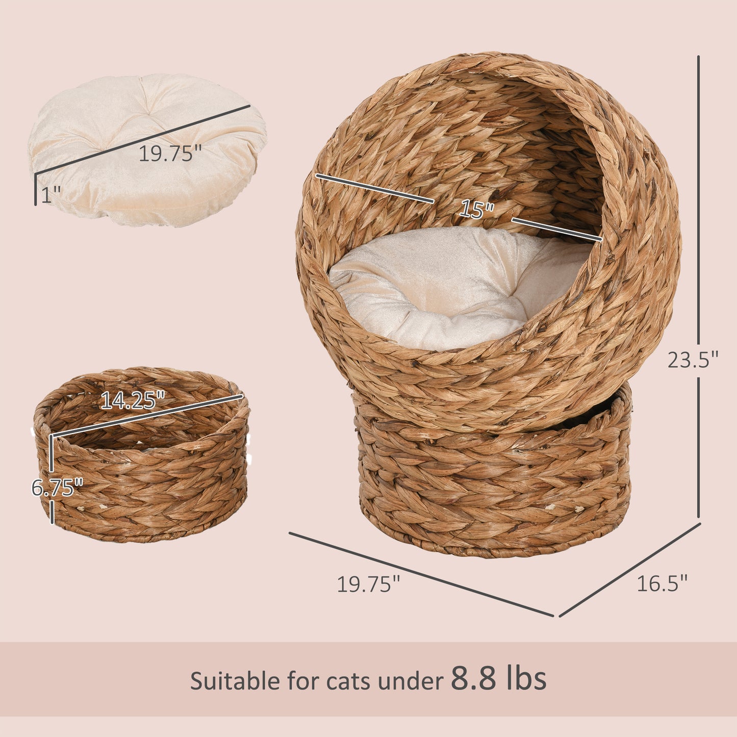 Elevated Cat Bed with Soft Cushion & Basket Shape - Indoor Wicker House, 23.5 Inches, Light Brown