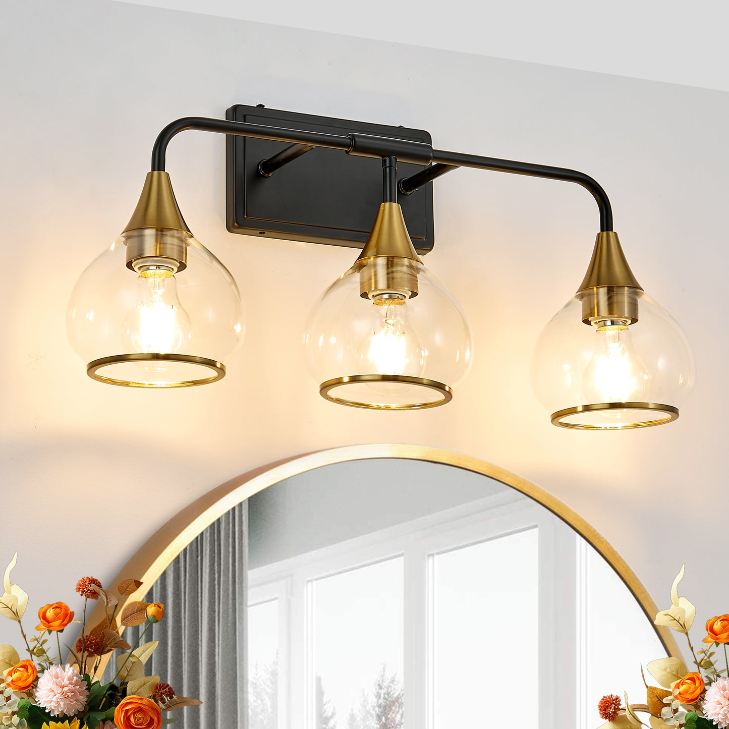 Modern 23in Black and Gold Wall Sconce with Clear Glass Shades - Vanity & Bathroom Light Fixture