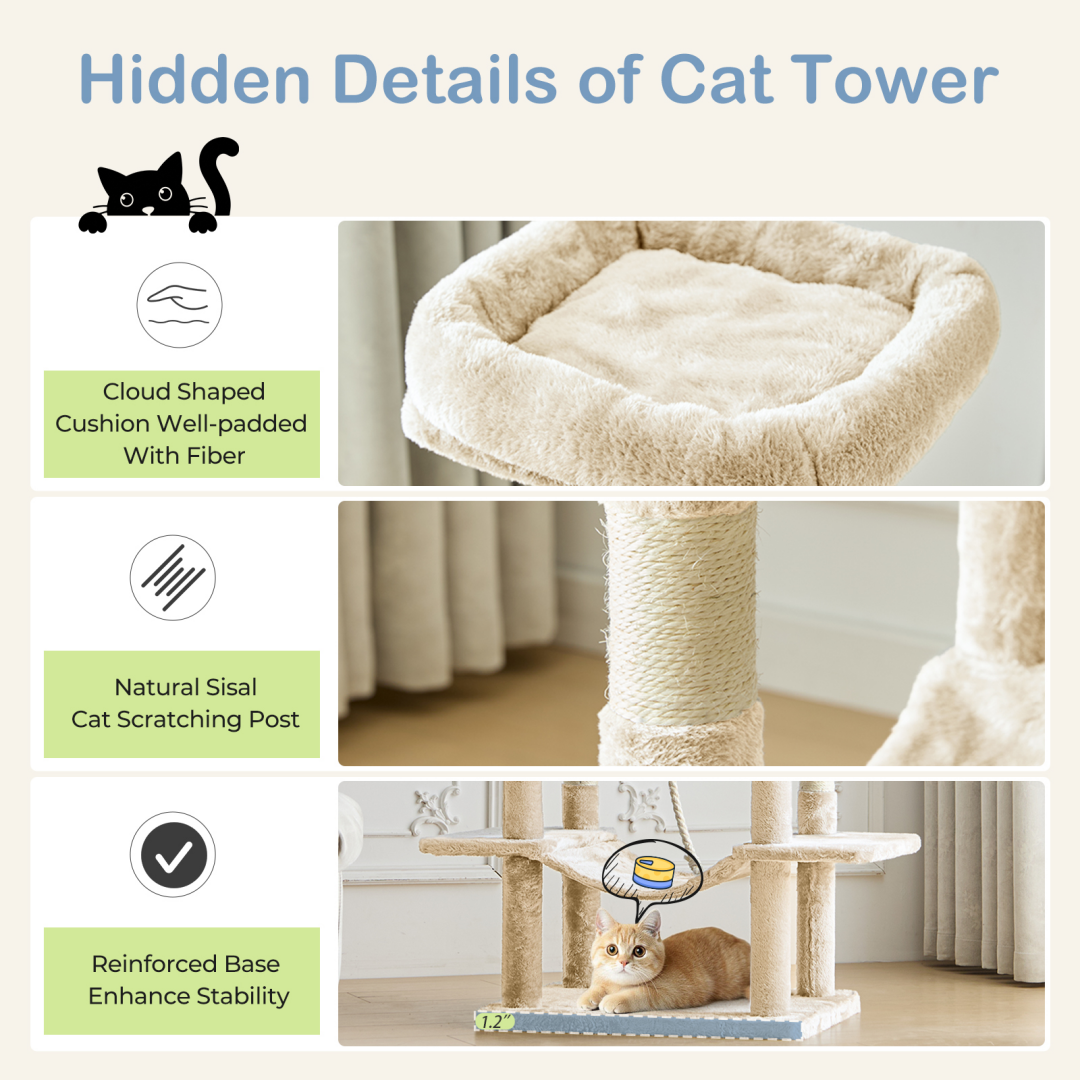 Large 66 Inch Multi-Level Cat Tree Tower with Condos & Hammock - Indoor Pet Furniture