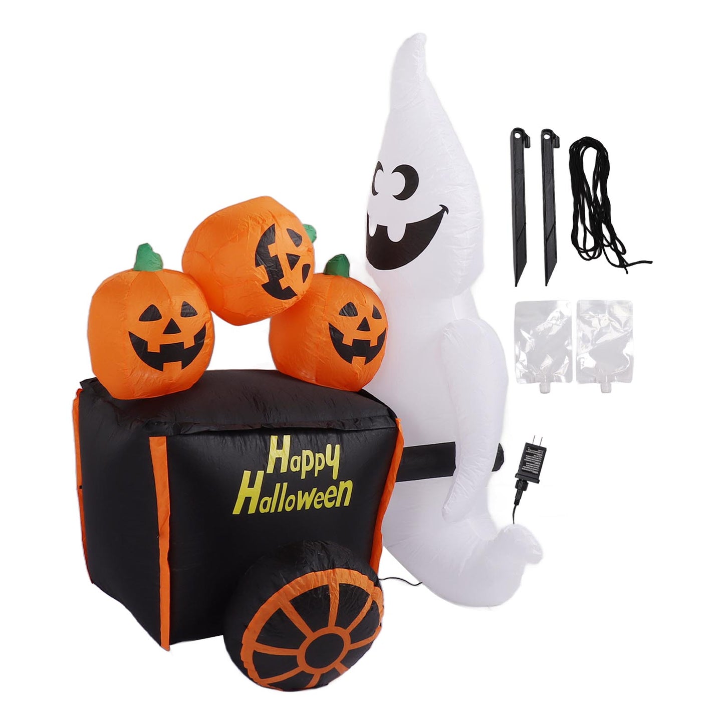 6ft Halloween Inflatable Ghost Pushing Pumpkin Cart Decor IP44 With