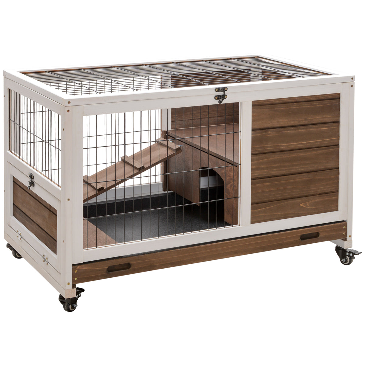 Indoor Rabbit Cage with Wheels & Pull-Out Tray - Small Animal House in Brown