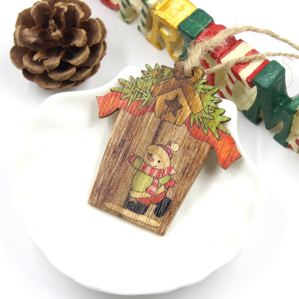 Wooden House Shape Santa Elk Christmas Pendant Set - Festive Decor