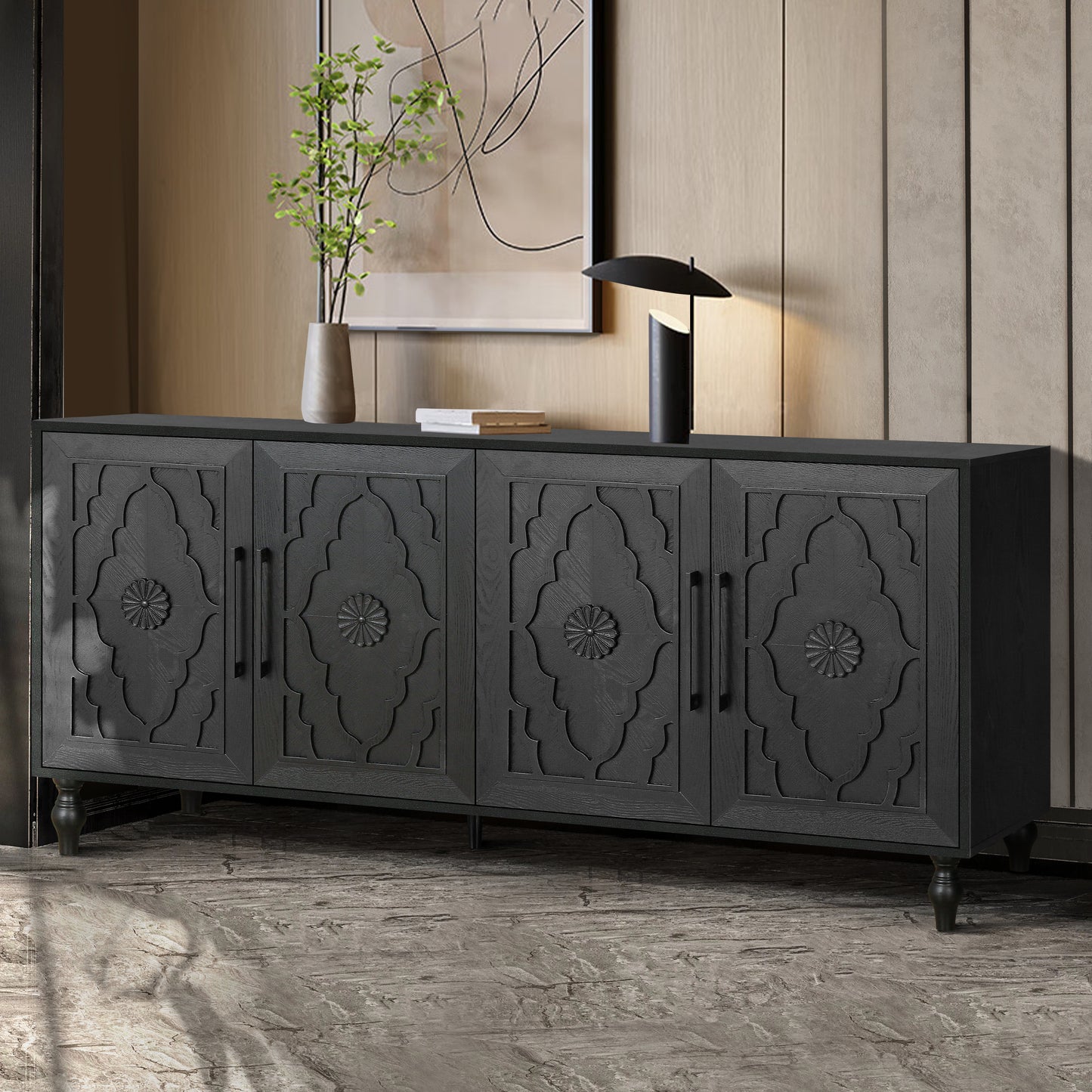 Large Carved Flower Door Storage Cabinet with Metal Handle - Black