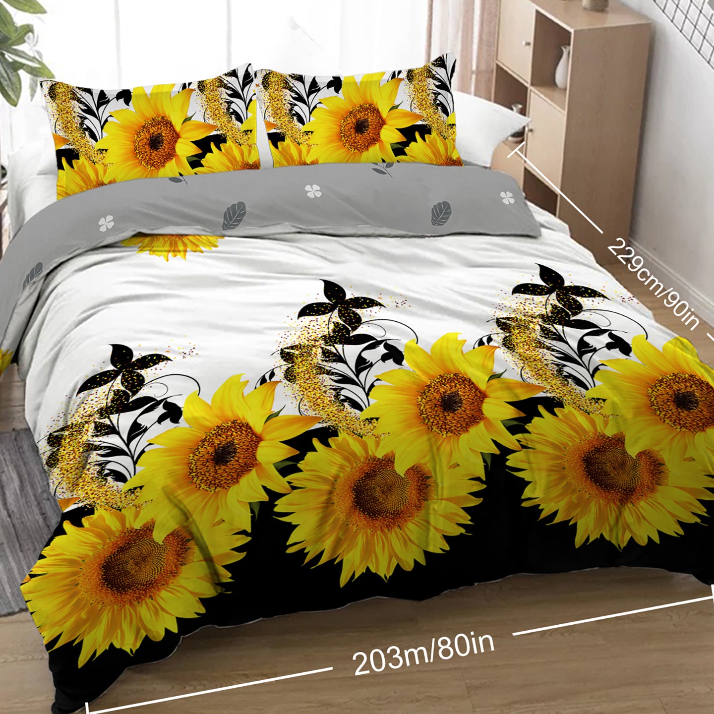 Sunflower Duvet Cover Set - 3 Pieces Black & White Bedding