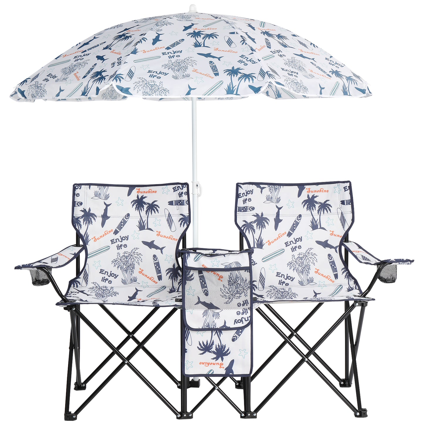 Portable Outdoor 2-Seat Fishing Chair with Removable Umbrella - Coconut Tree Pattern