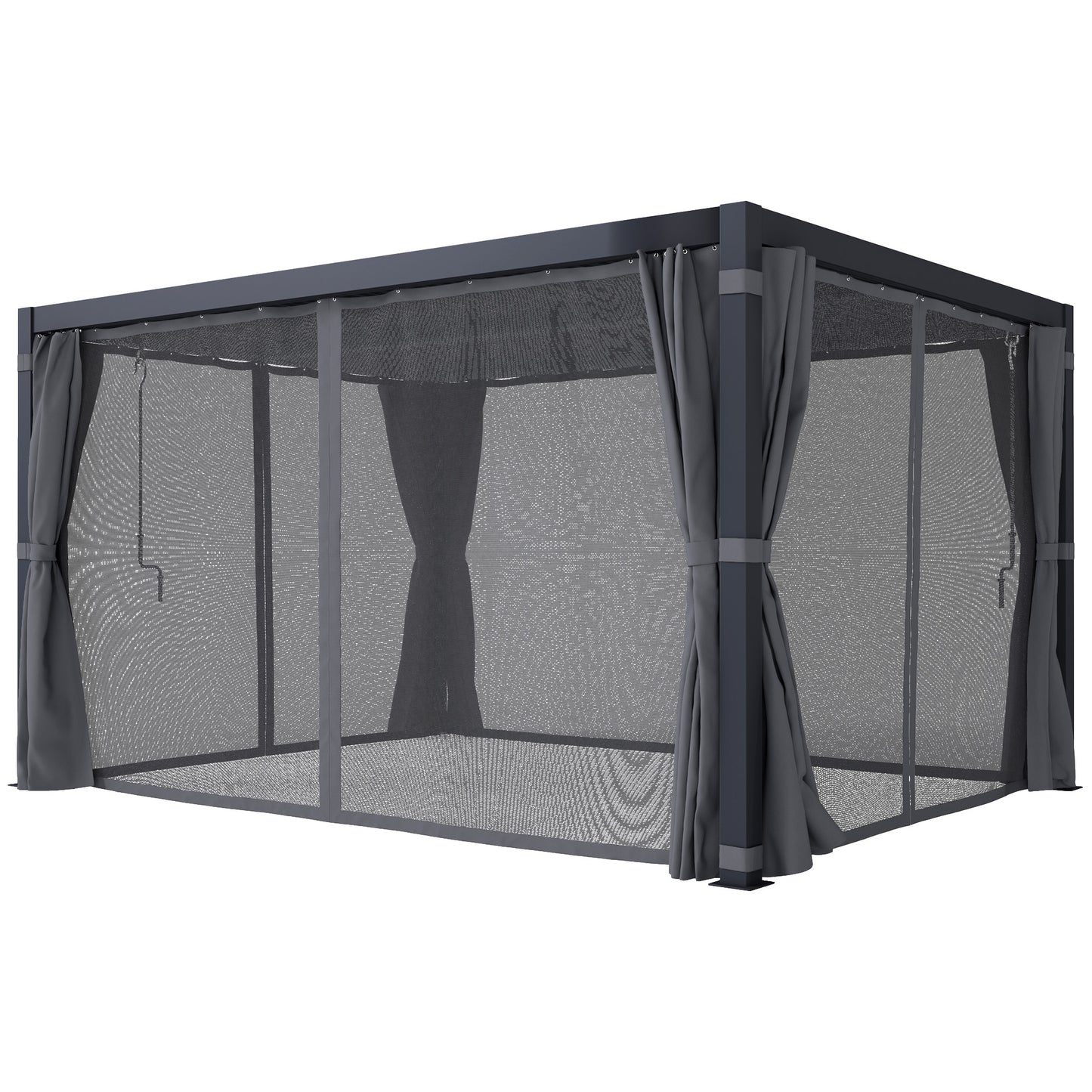 Outdoor Retractable Pergola with Louvered Roof and Curtains - Dark Gray