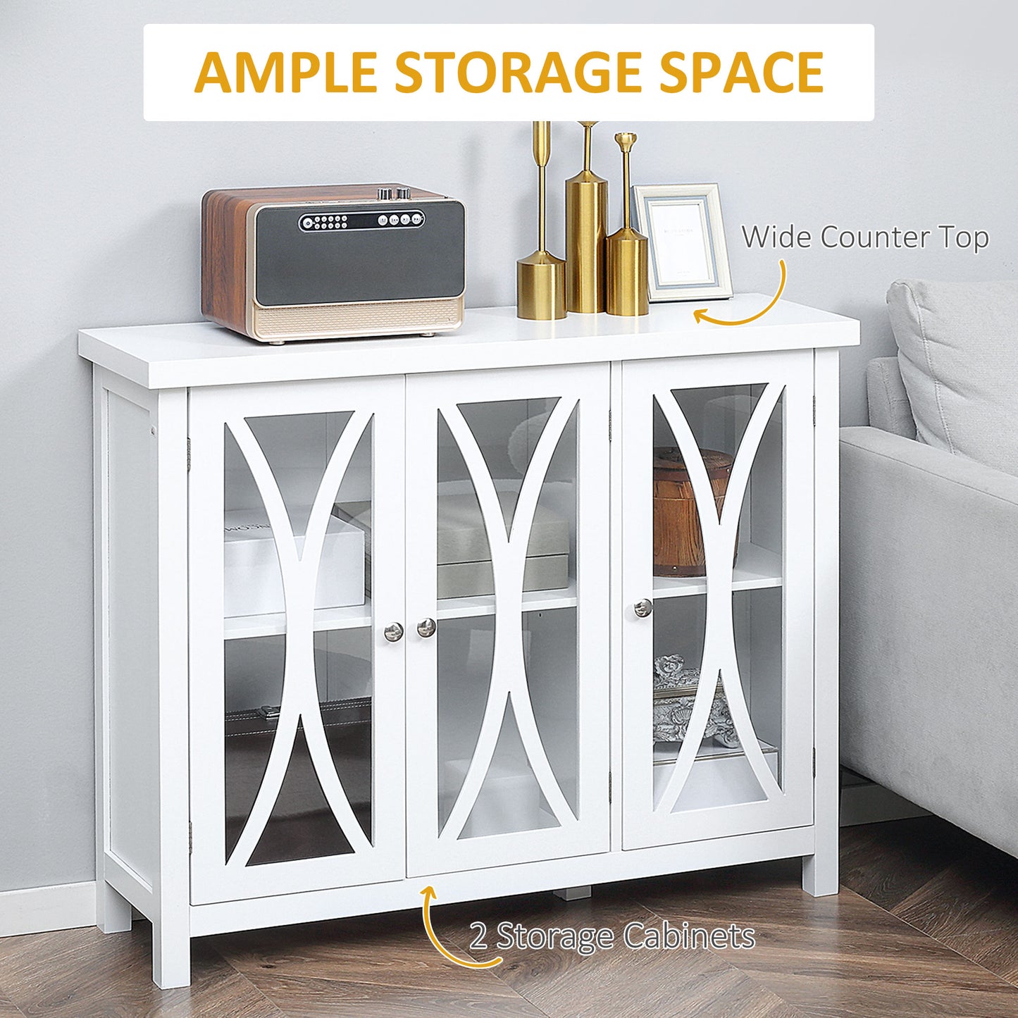 Sideboard, Buffet Cabinet with 3 Tempered Glass Doors, Arc Pattern