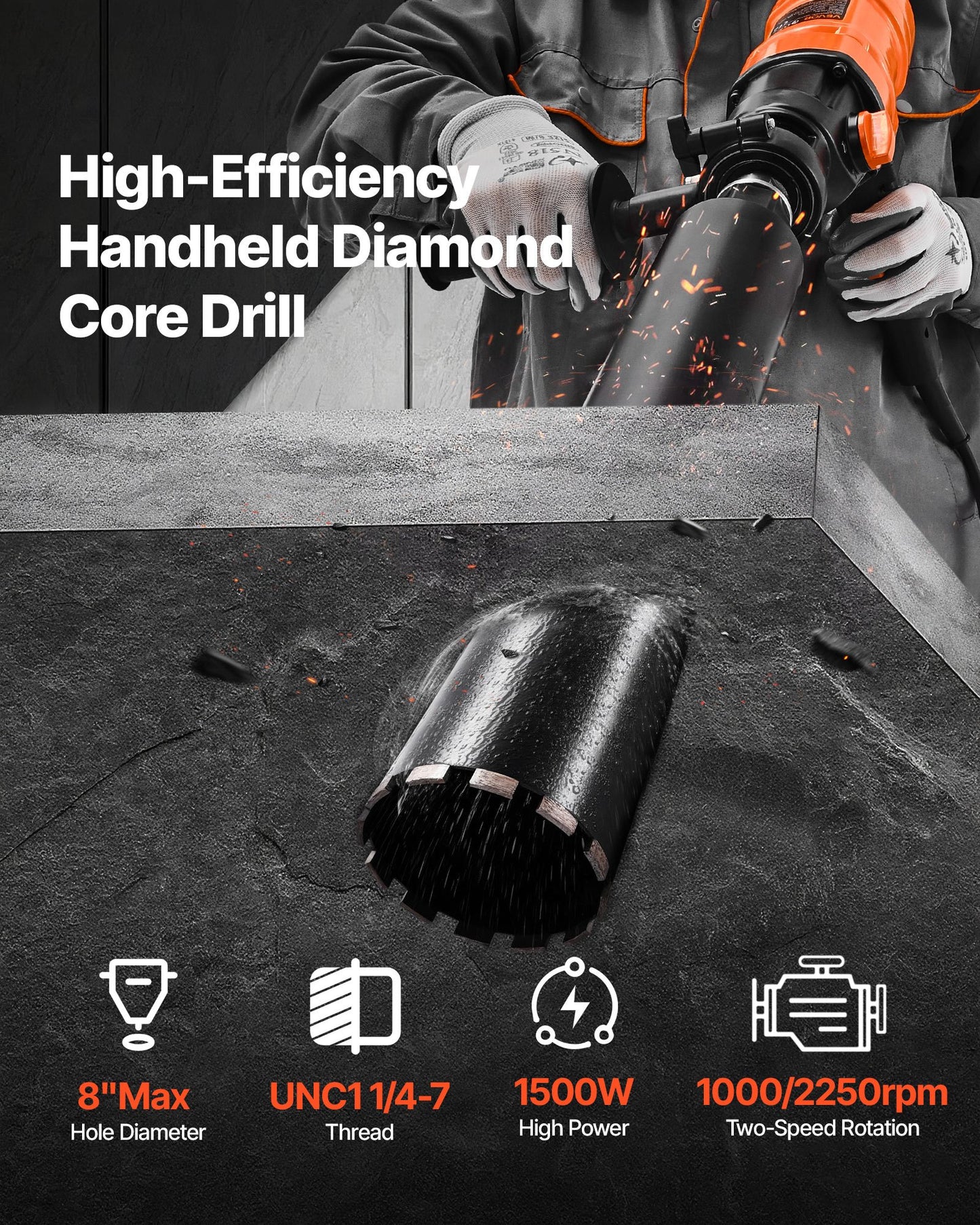 8 Inch Handheld Concrete Core Drill Machine 1800W with Dual Speed