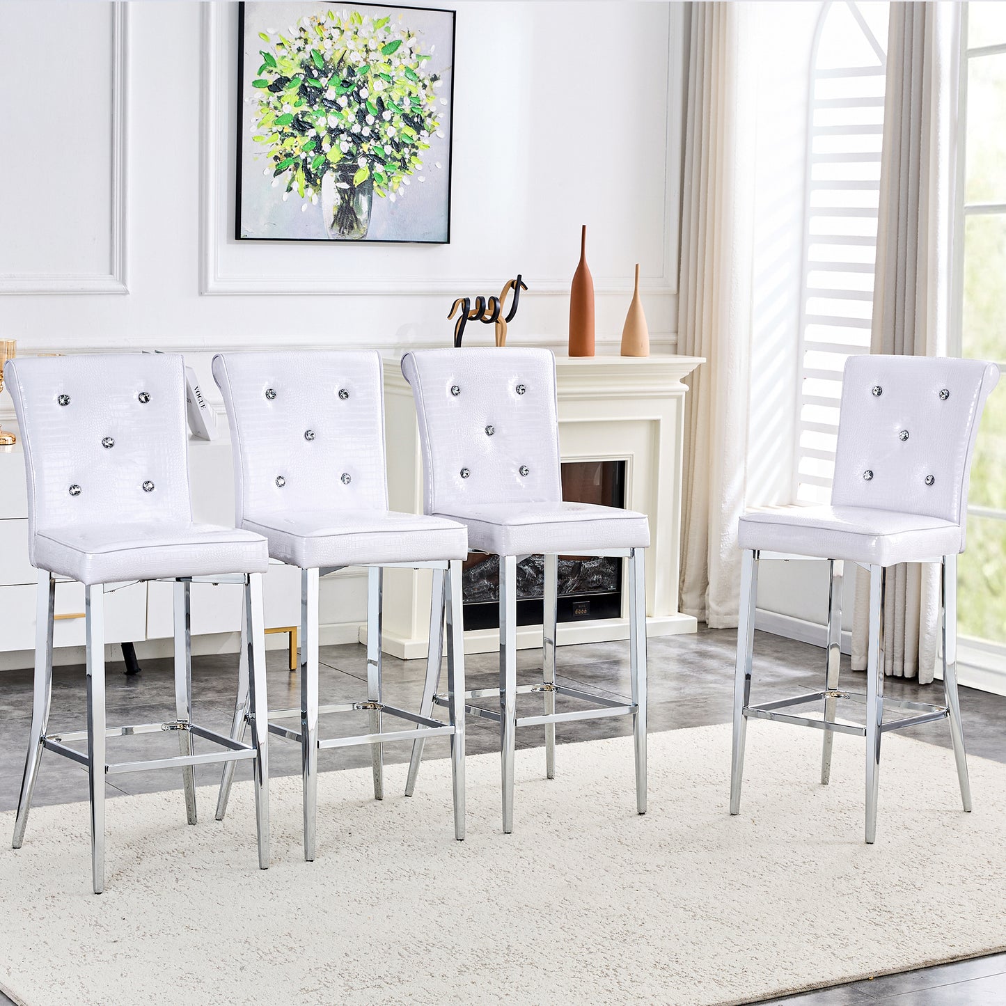 A Set Of 2 White Vintage Crocodile Leather Bar Chairs, Featuring