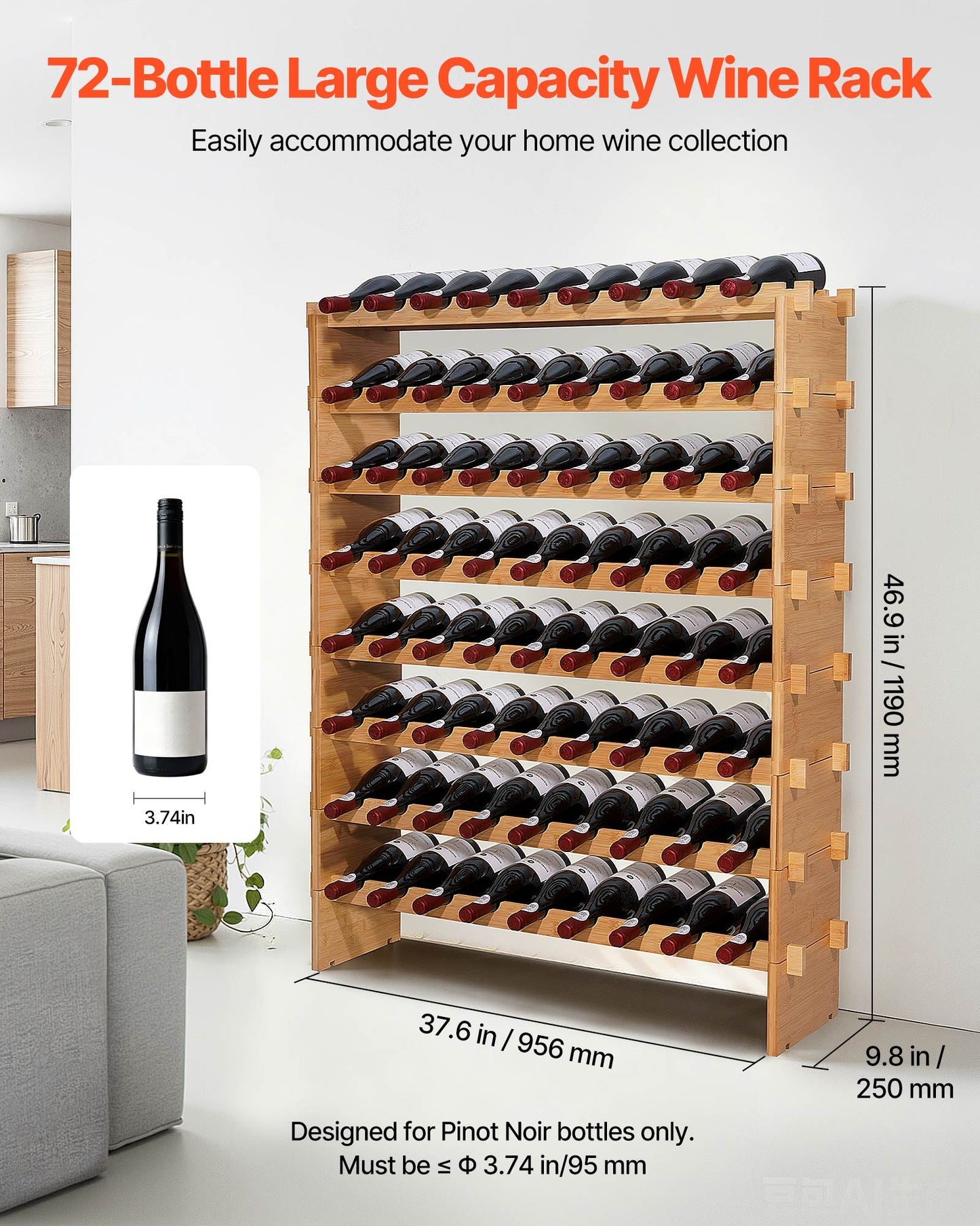 72 Bottle Stackable Modular Wine Rack - 8-Tier Floor Storage Shelf, Natural Wood Finish