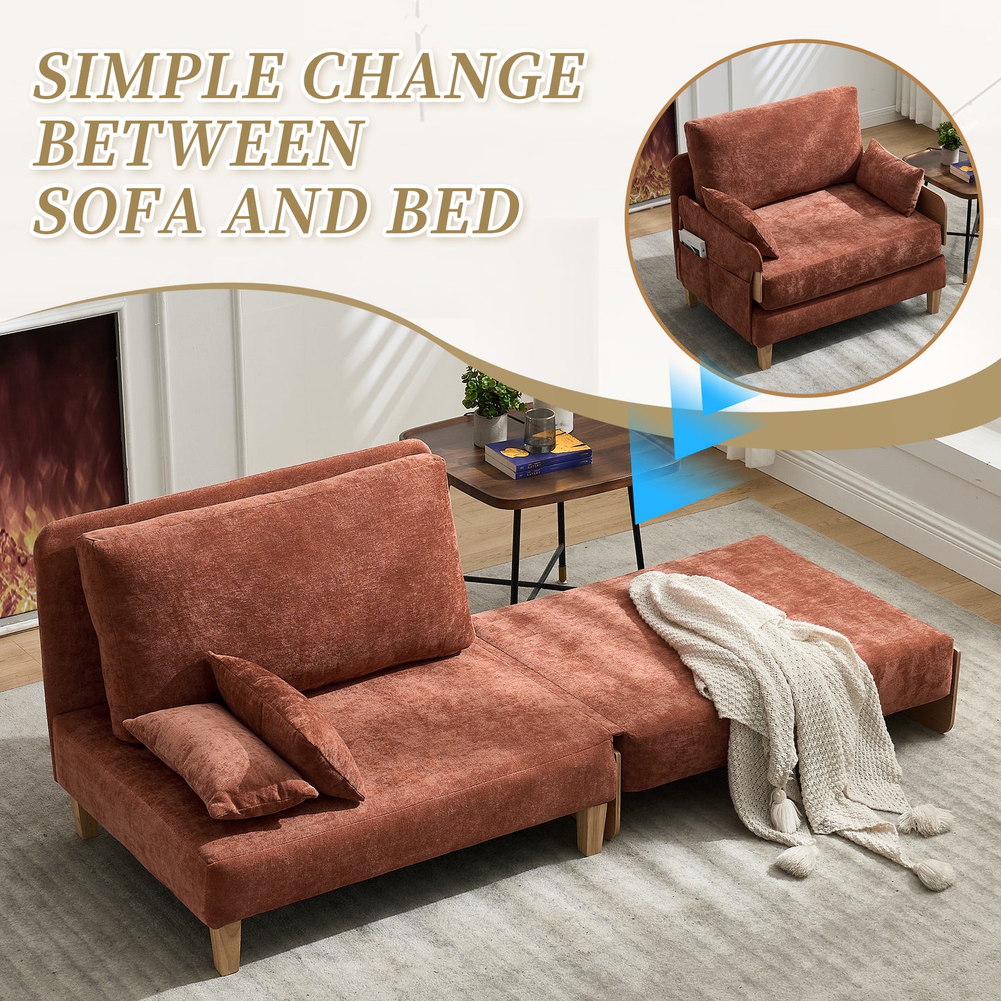 Foldable Sofa Bed Recliner - 3-in-1 Convertible Sleeper, Orange