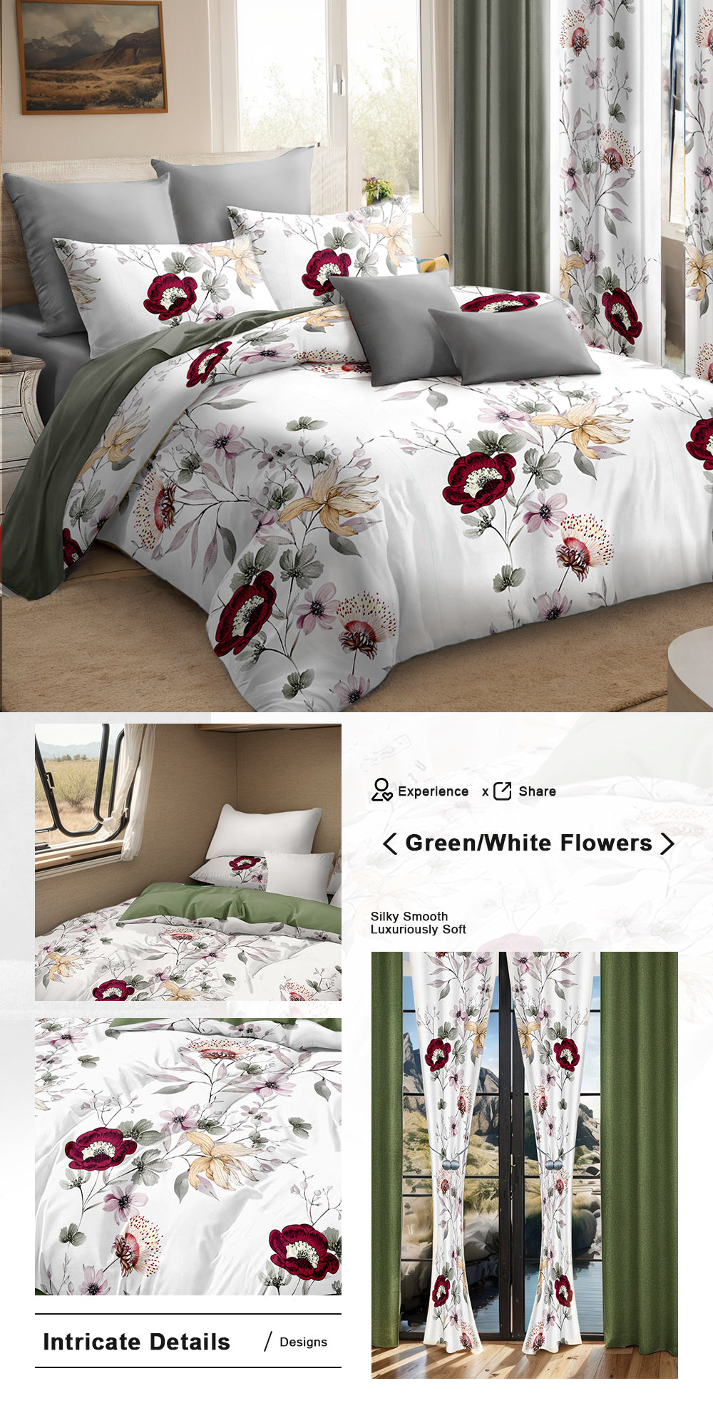 9-Piece Quilt and Curtain Set - Sage Green Floral Design