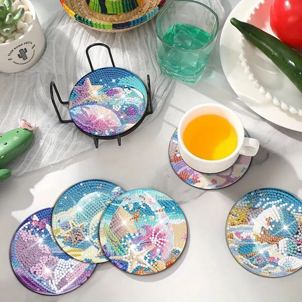 Diamond Painting Coaster Kit with Holder for Beginners - Seaside Pattern, 9.7x9.7cm
