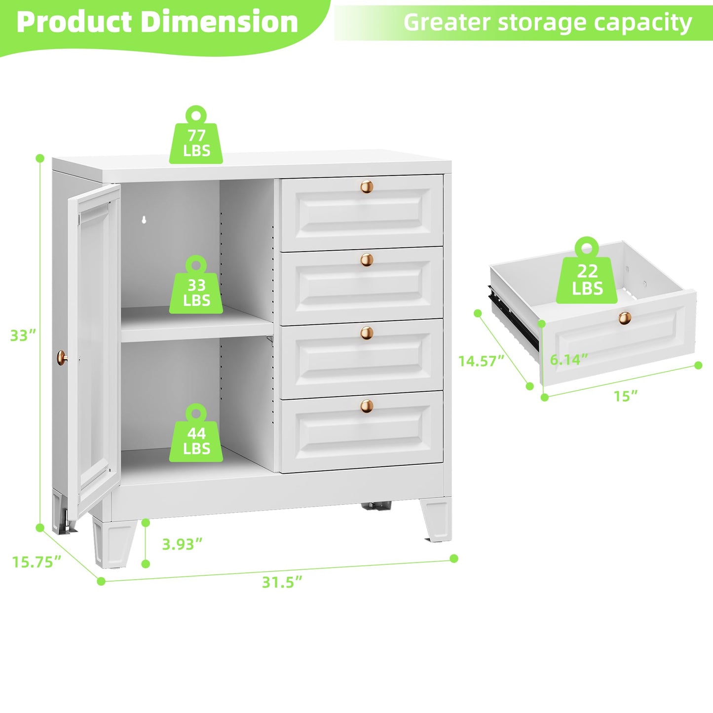 Metal Bathroom Storage Cabinet with 4 Drawers & Shelves - White