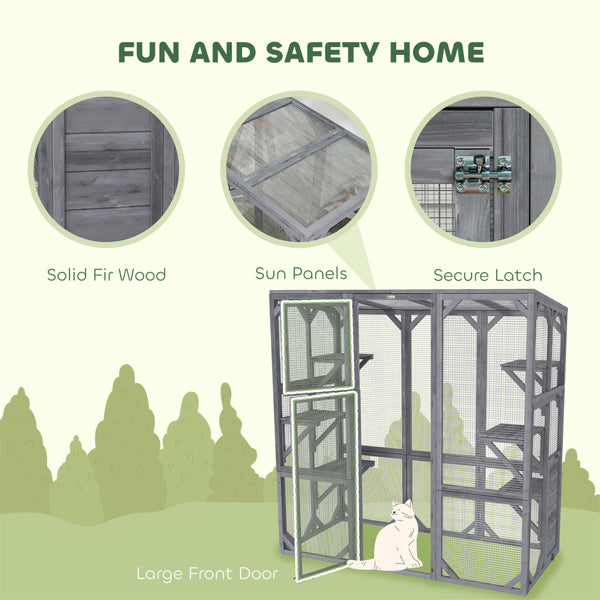 Large Cat Cage with Platforms, Easy Assembly, Sunproof Fir Wood - Gray
