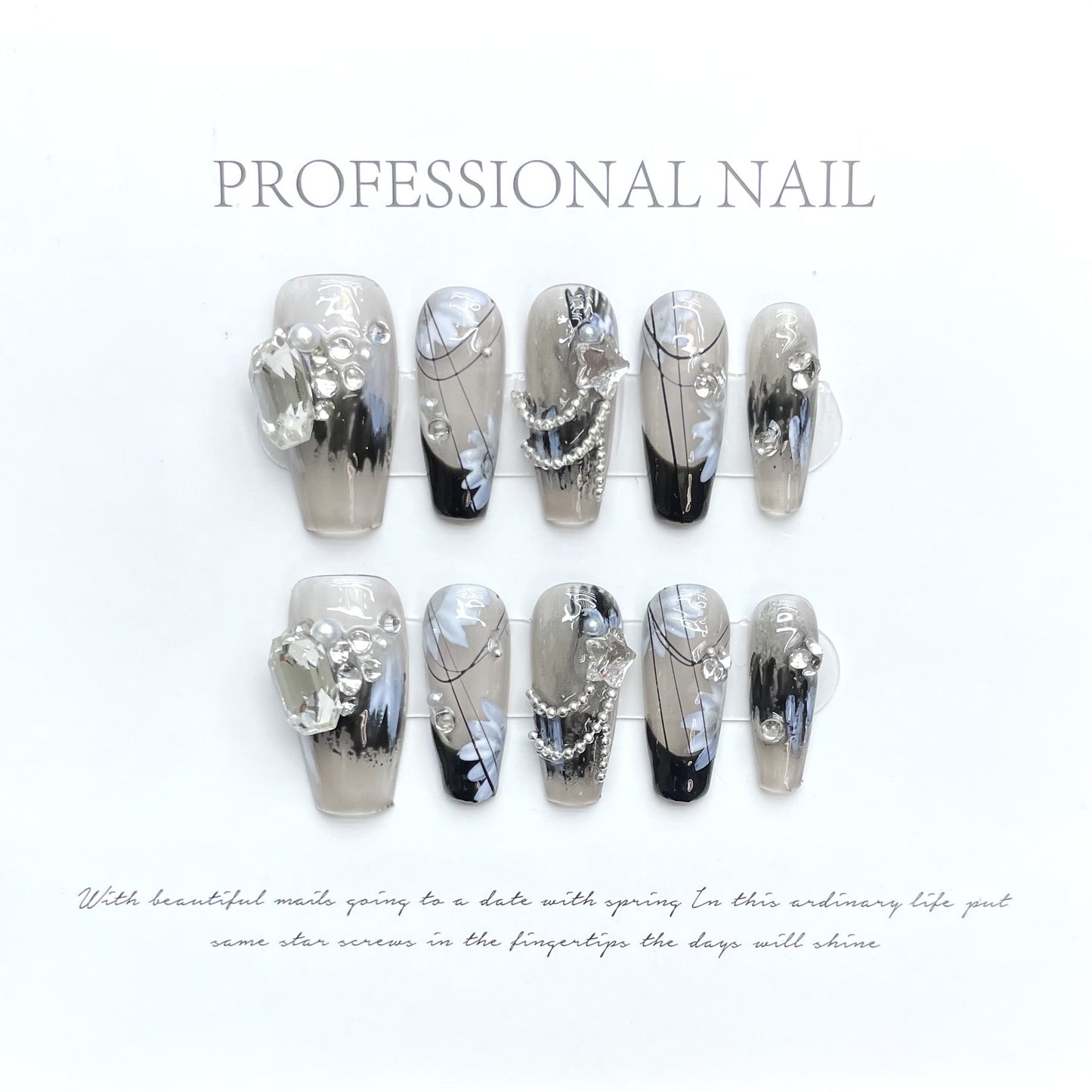 Black Themed Icy-Cool Rhinestone Nail Tips for Nail Art & Wear