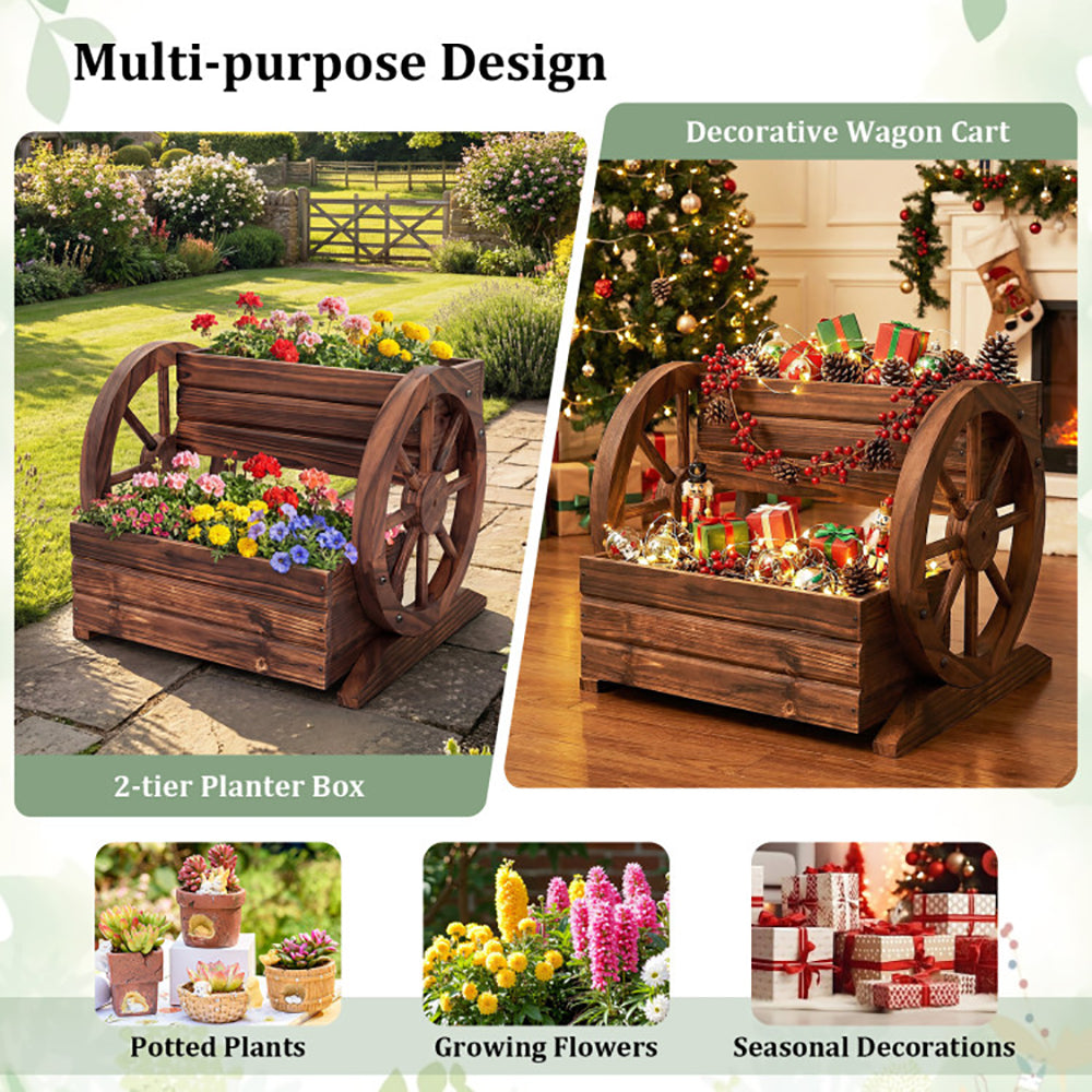 2-Tier Rustic Wood Garden Bed with Drainage & Wheels - Coffee