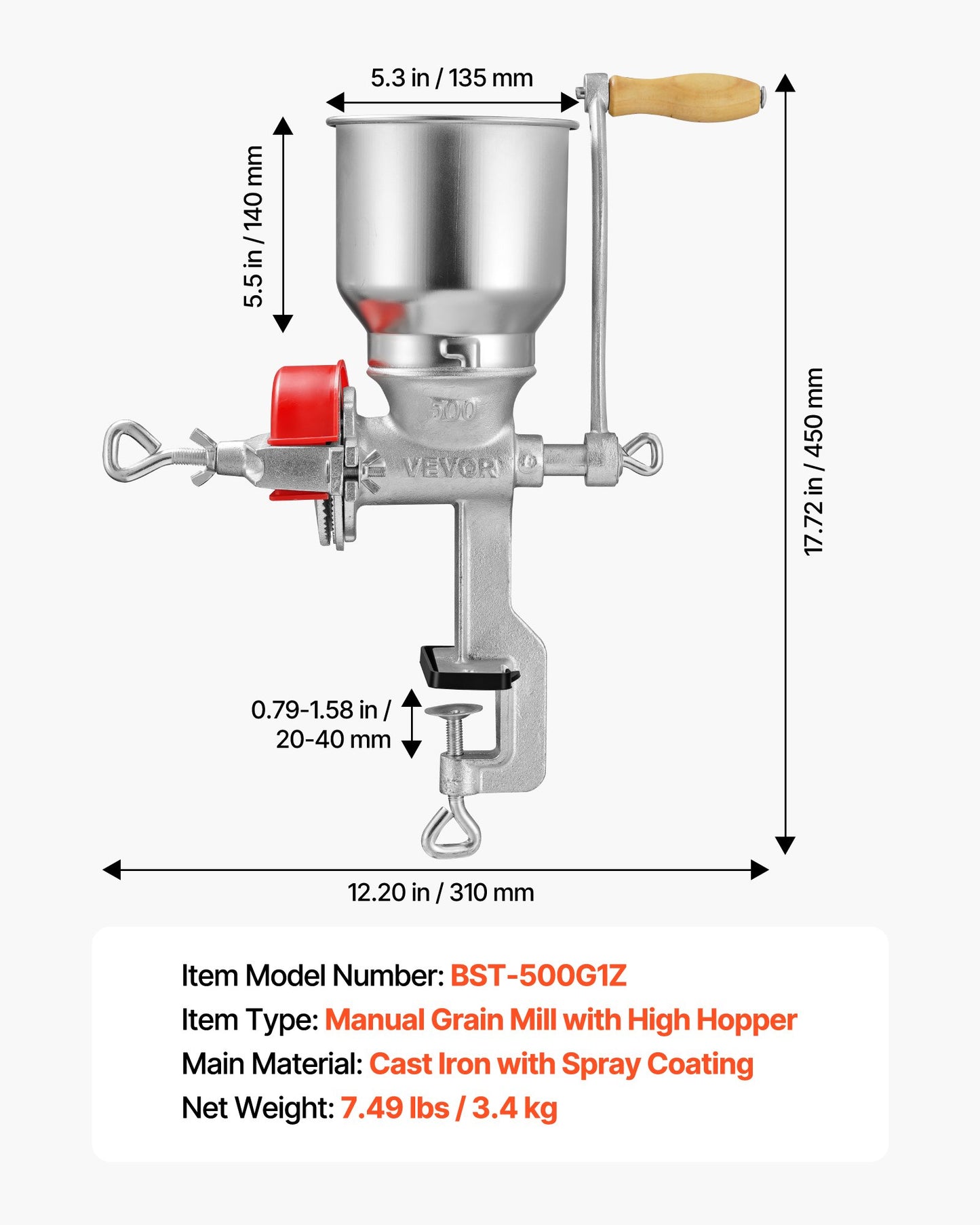 Manual Grain Mill with High Hopper - Hand-Crank Corn & Wheat Grinder, Heavy Duty Cast Iron, Kitchen & Home Brew
