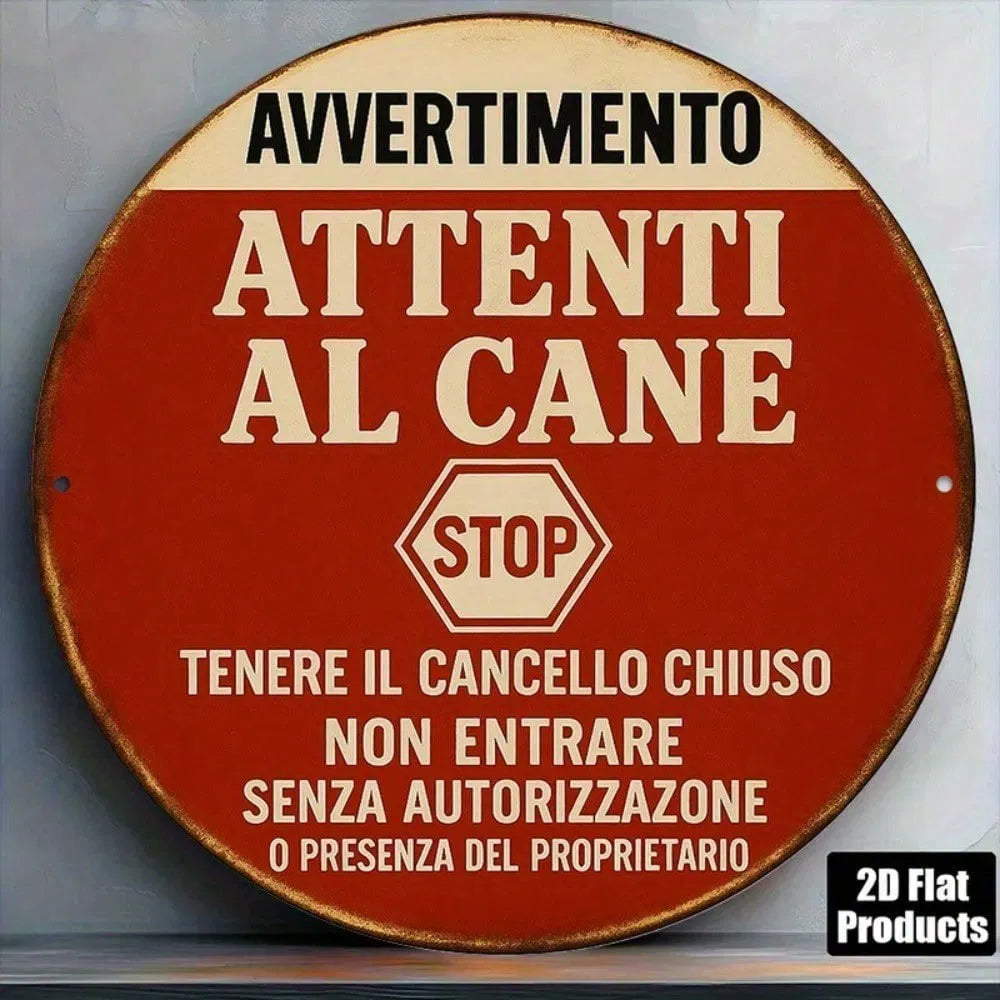Vintage Italian Beware Of Dog Metal Sign - 8-Inch Round Plaque