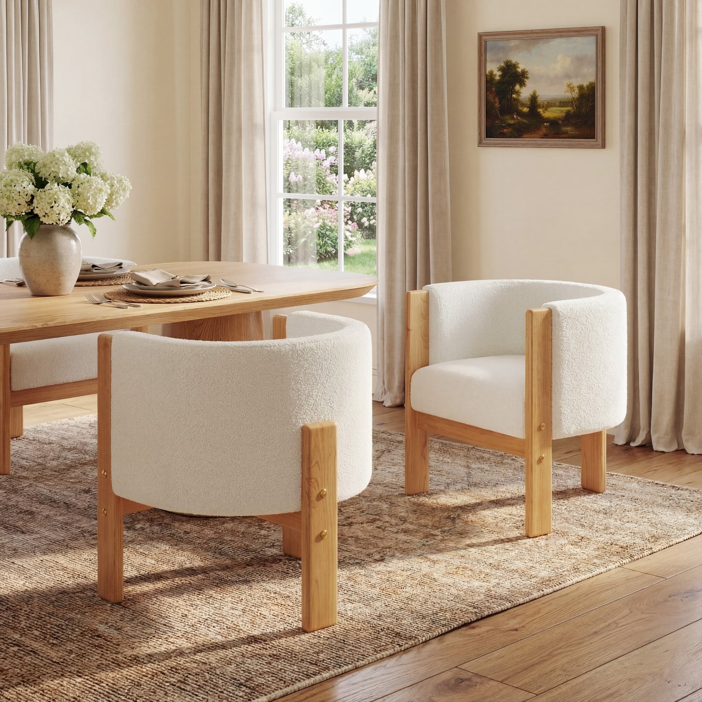 Upholstered Dining Chairs Set of 2 - Natural Rubber Wood & White Boucle