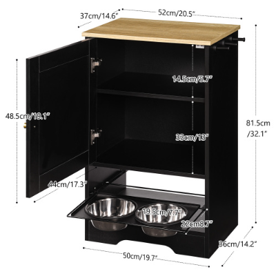 Pet Feeding Station with Storage Cabinets and Elevated Bowls - Black