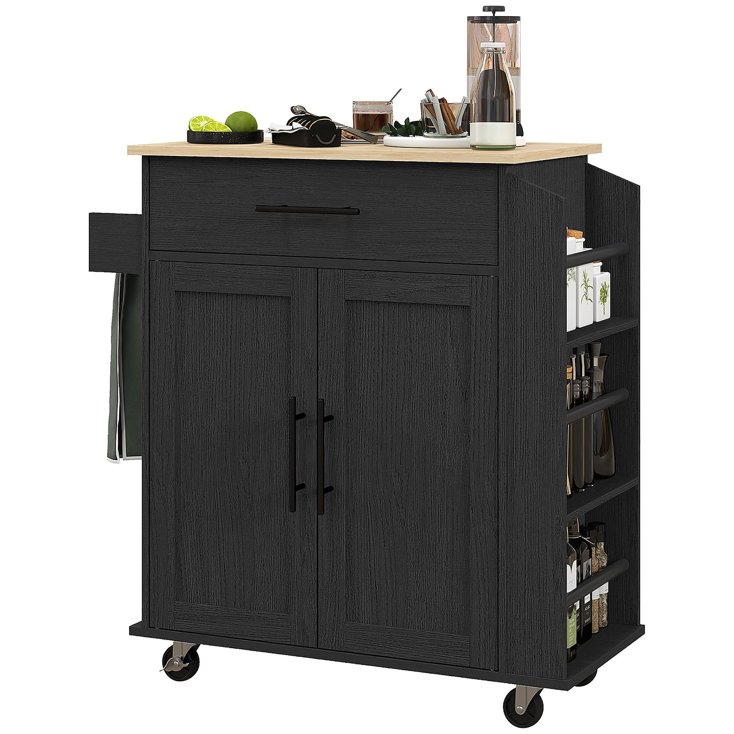 Rolling Kitchen Island Cart with Power Outlets & Storage - Black