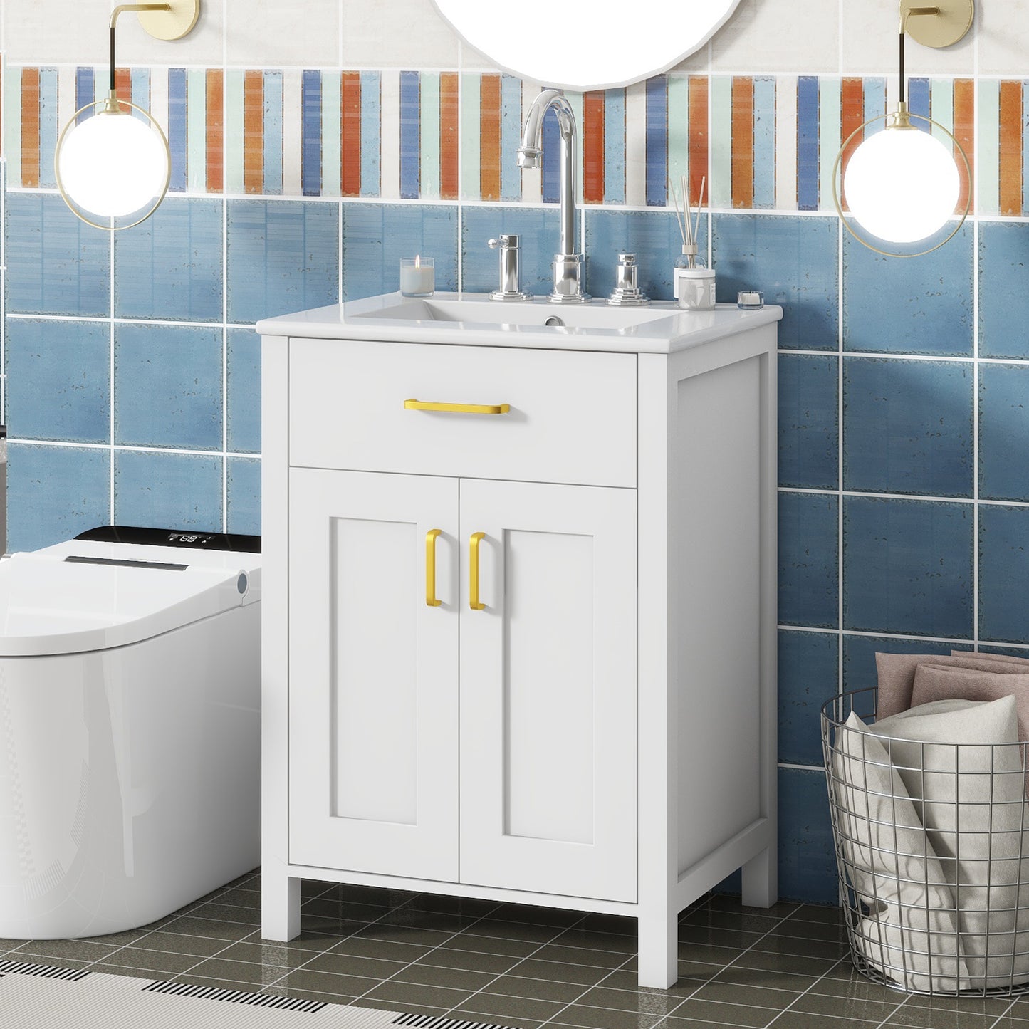 24" Bathroom Vanity Combo with Ceramic Sink - Gold & White
