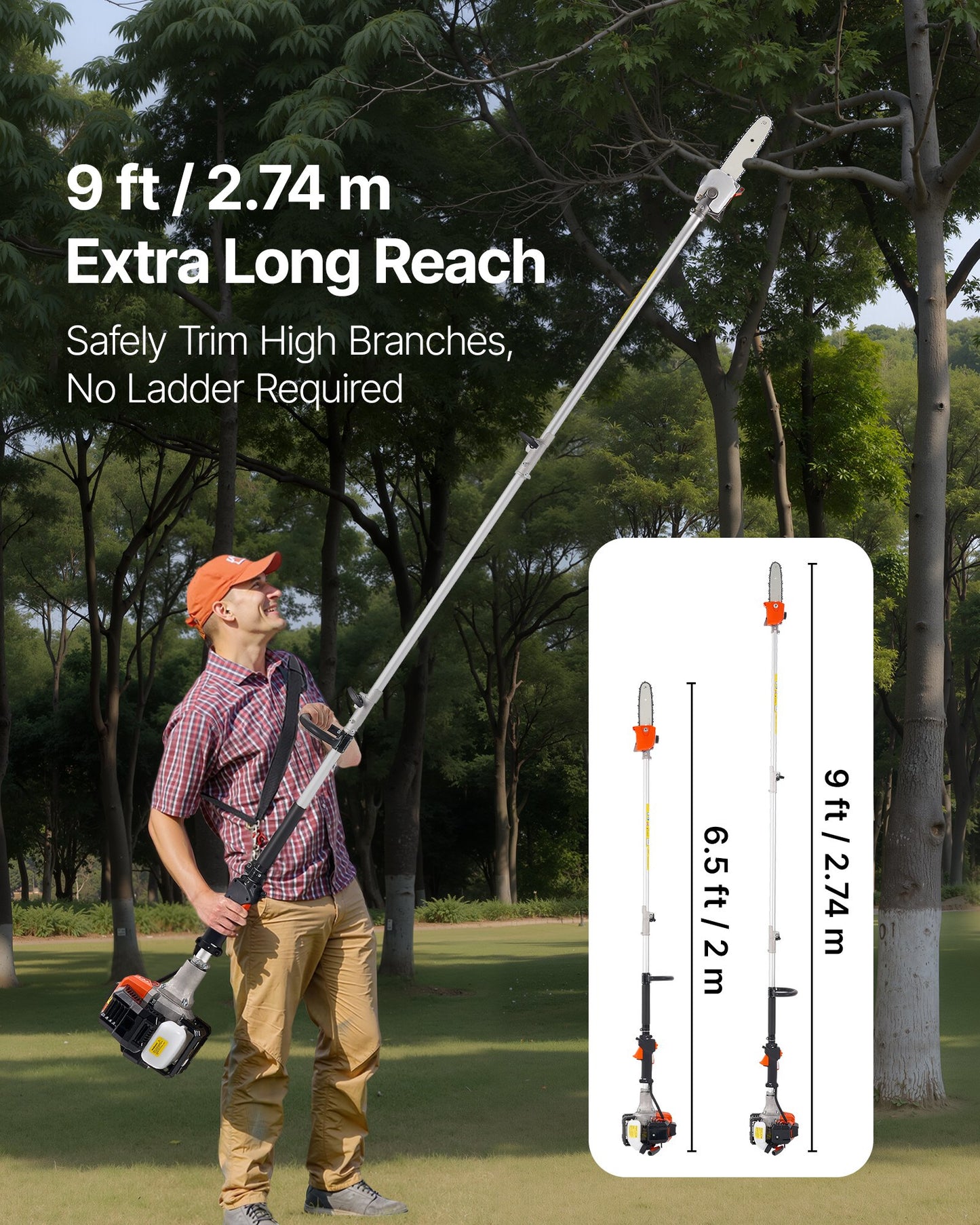 Gas Pole Saw 25CC 2-Stroke Gasoline Tree Trimmer with Extendable 8-In Bar