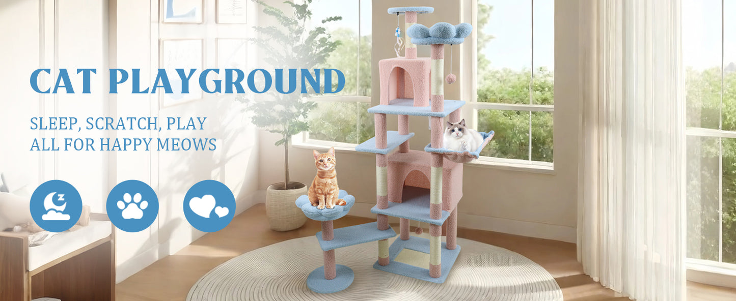 71-Inch Cat Tree with Large Condo, Removable Flower Cushion & Hammock - Blue