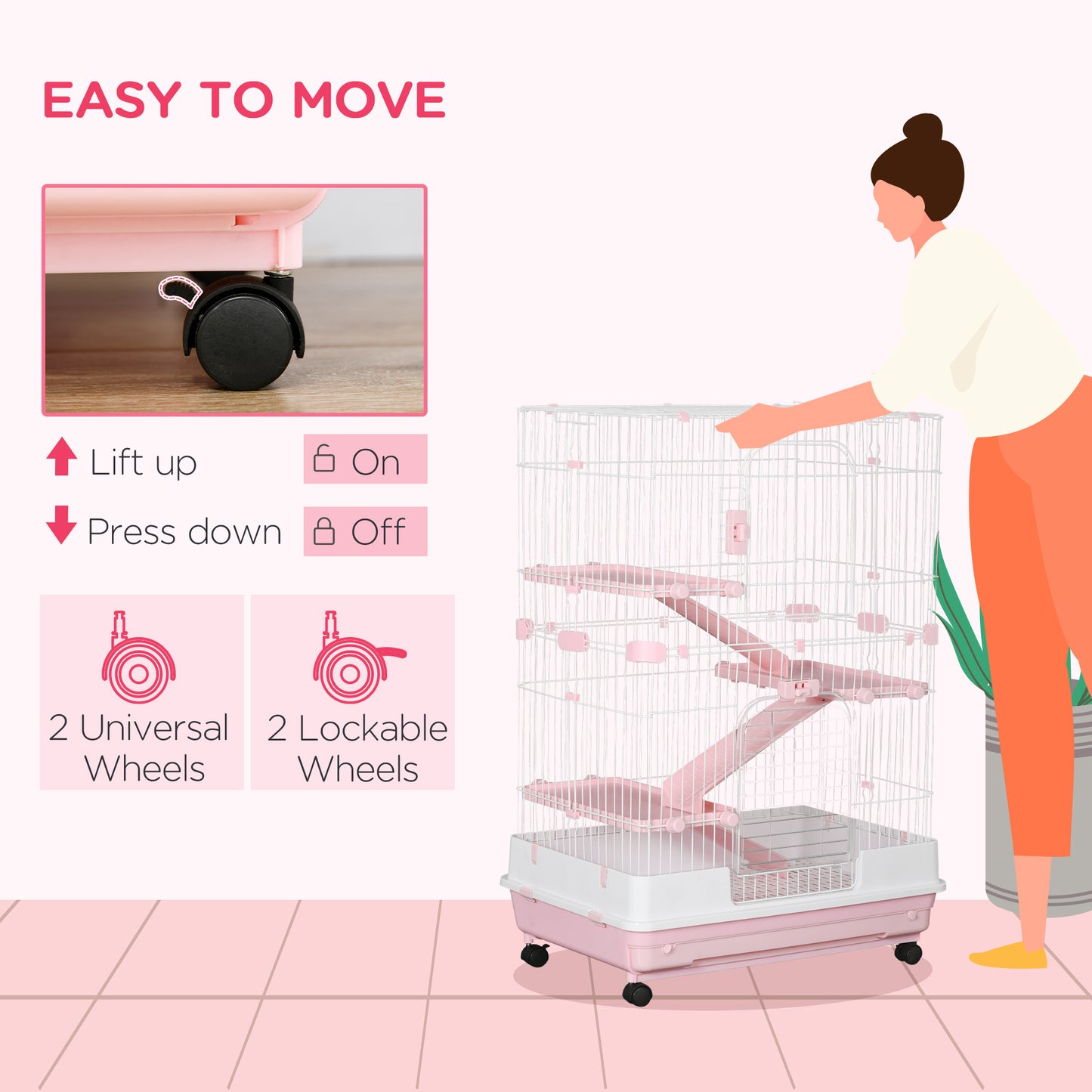 Small Animal Cage with Wheels & Slide-Out Tray for Rabbits, Chinchillas, Ferrets - Pink, 32 Inches