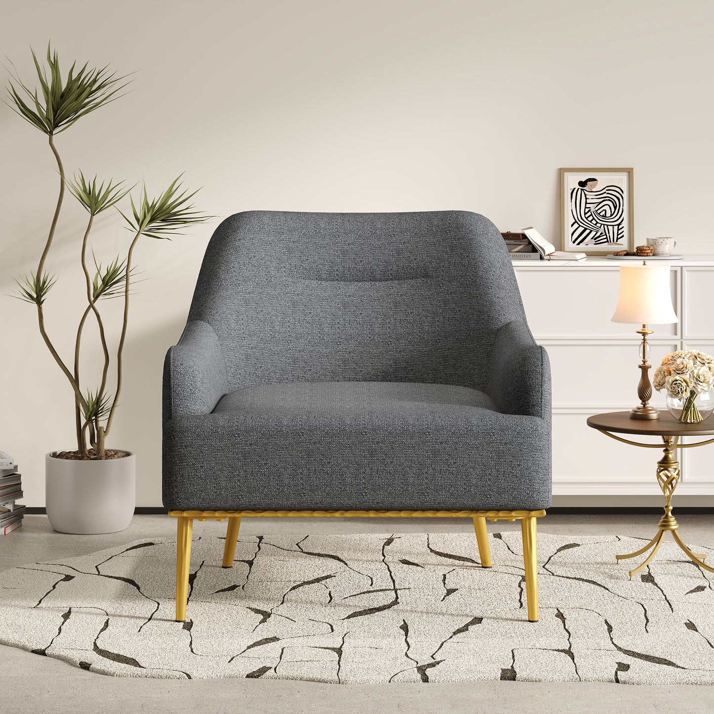 Modern Accent Chair with Curved Backrest and Gold Legs - Dark Gray