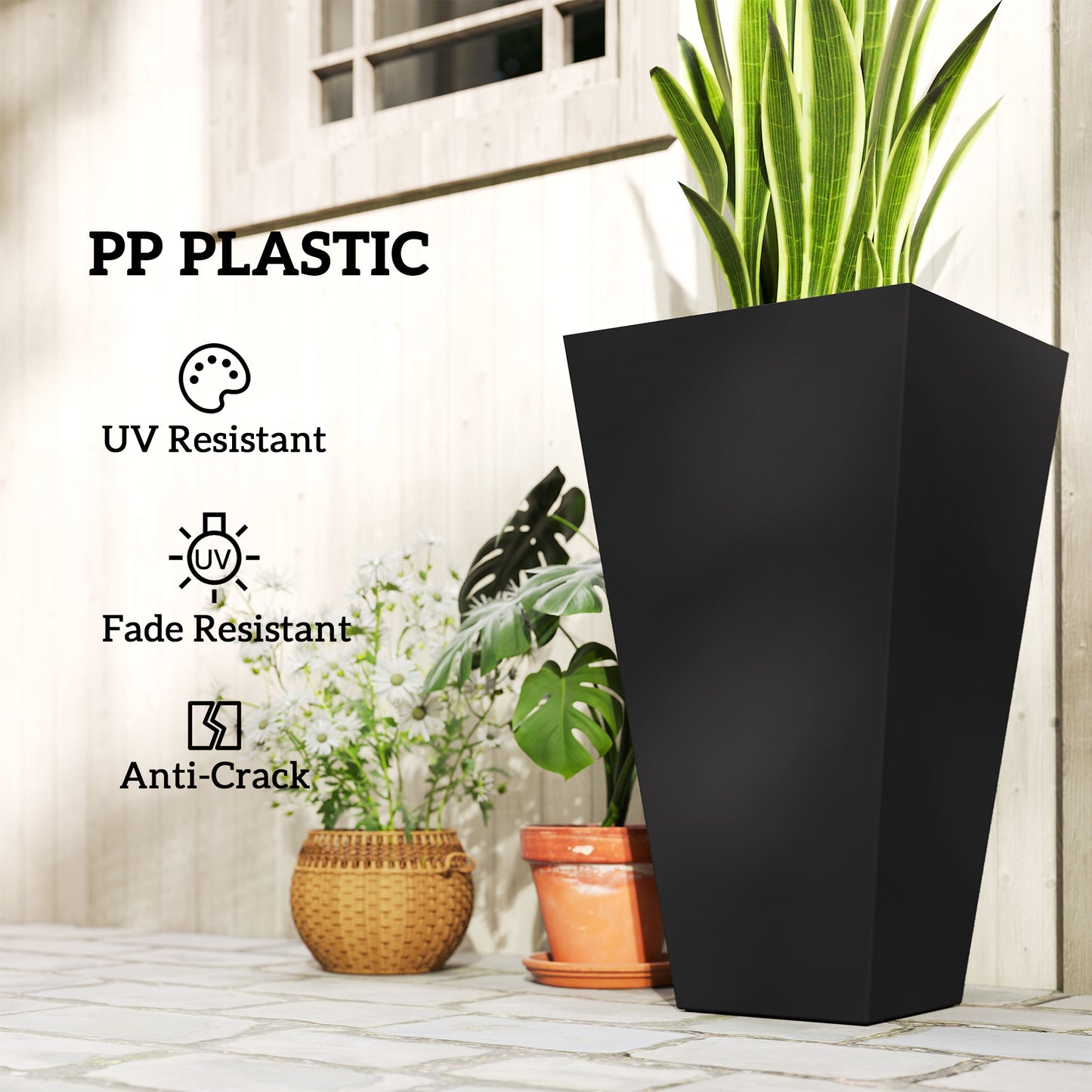 Tall Outdoor Plant Planters Set of 3 - 28 Inch Black Taper Pots with Drainage Holes