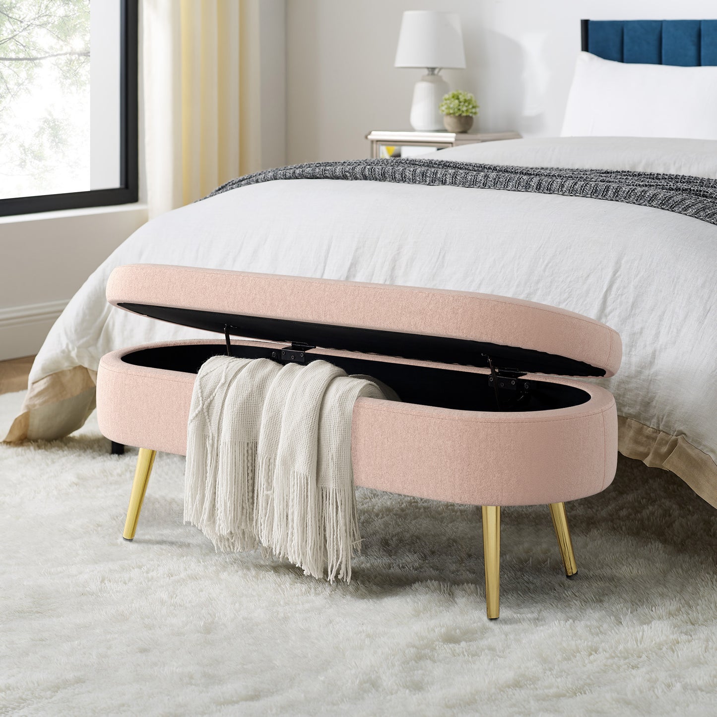 Pink Oval Storage Ottoman Bench with Flannel and Metal Legs