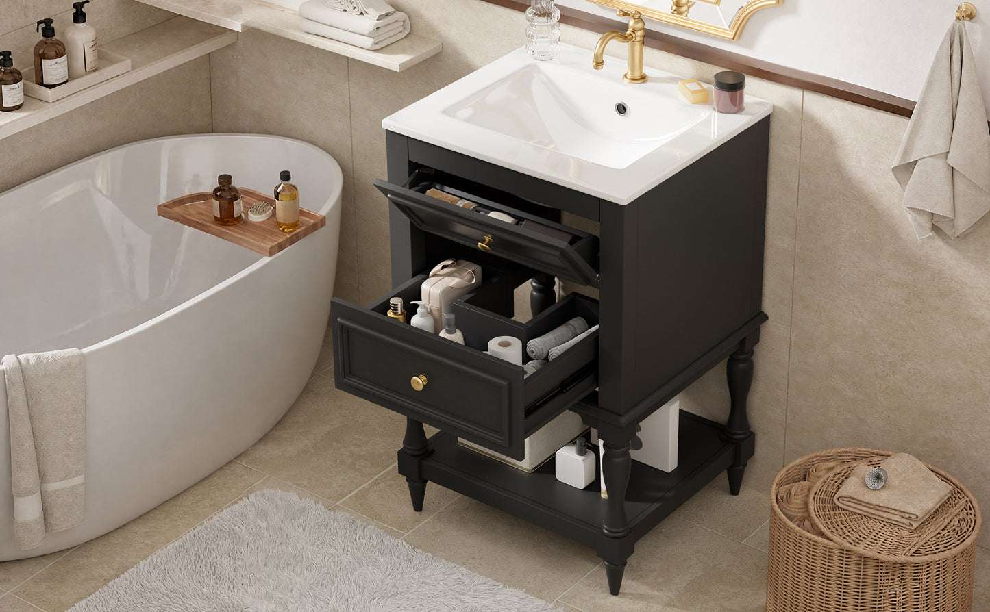 20'' Black Bathroom Vanity with Ceramic Sink & 2 Drawers